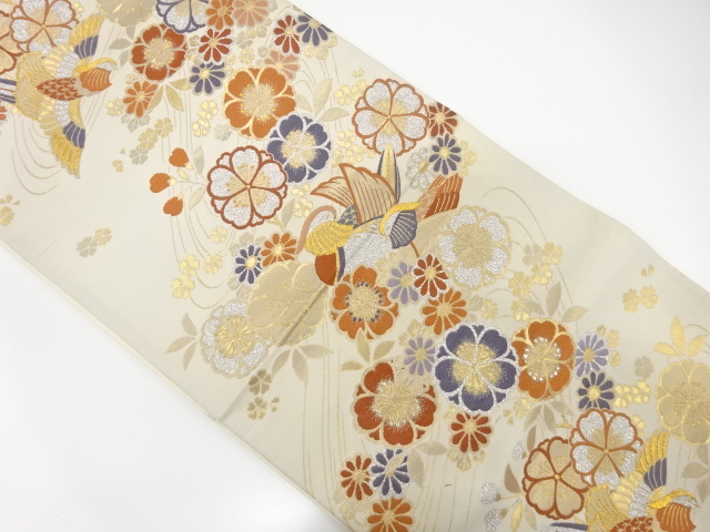 JAPANESE KIMONO / ANTIQUE FUKURO OBI / SILK / WOVEN MANDARIN DUCK & SAKURA